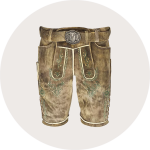 Traditionelle braune Lederhose mit dekorativen Stickereien, einem Gürtel und einer detaillierten Metallschnalle, dargestellt auf einem schlichten hellen Hintergrund.