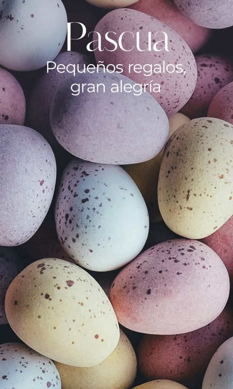 Huevos de Pascua moteados en colores pastel llenan la imagen. El texto dice: "Pascua, pequeños regalos, gran alegría.