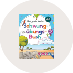 Buntes deutsches Kinderarbeitsheft mit verspielten Schriftarten, Heißluftballons, Wolken, Bäumen und Elefanten; Titel: "Mein großes buntes Schwungübungs-Buch ab 5".