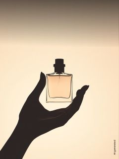 Una mano en silueta sostiene un frasco de perfume cuadrado frente a un suave fondo beige degradado.