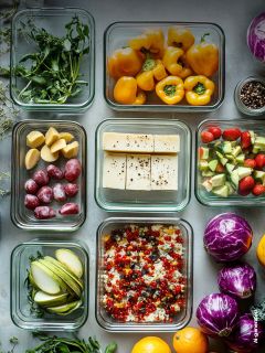 Recipiente de vidrio con verduras frescas, frutas, queso y granos, cuidadosamente dispuestos sobre una superficie gris, rodeado de repollo morado entero y naranjas.