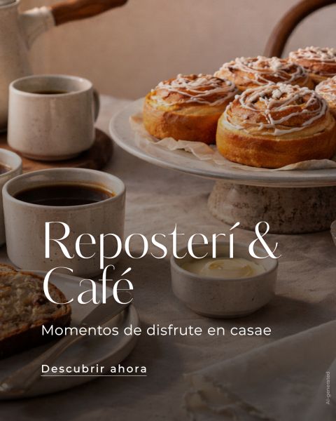 Café, rollos de canela glaseados y sartén artística en una mesa con jarrón de cerámica. Texto promocional de repostería y café.