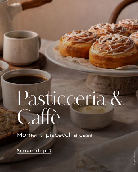 Rollos de canela glaseados en un soporte para pasteles con tazas de café negro y pan en una mesa de mármol. El texto dice "Pasticceria & Caffè".