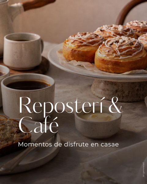 Mesa con café, rollos de canela, pan con mantequilla y tazas de cerámica. El texto en español dice: "Repostería & Café. Momentos de disfrute en casa.