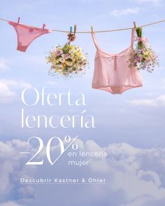 Ropa interior de mujer rosa y ramos de flores cuelgan de un tendedero frente a un cielo azul; el texto ofrece un 20% de descuento en ropa interior de mujer en Kastner & Öhler.