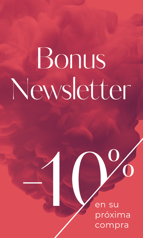 Fondo rojo con texto blanco: "Bonus Newsletter -10% en su próxima compra." Patrón de humo abstracto en el fondo.