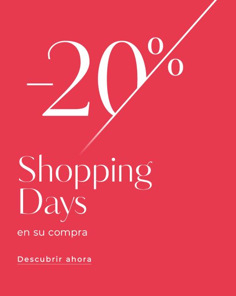 Imagen publicitaria roja con texto blanco con la oferta "-20% Shopping Days en su compra" y un botón que dice "Descubrir ahora" en español.