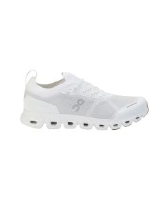 Zapatilla de running blanca y deportiva con parte superior de malla, cordones y suela llamativa y acolchada con varios segmentos cuadrados.
