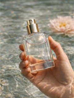 Una mano sostiene un frasco de perfume de vidrio con un tapón dorado sobre agua clara con una flor rosa flotando.
