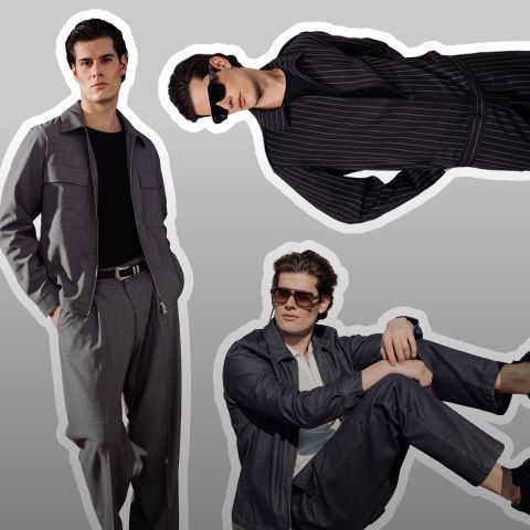 Tres hombres posan en trajes elegantes: uno de pie en gris, uno tumbado con raya diplomática negra y uno sentado con gafas de sol y un atuendo de color antracita.