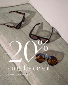 Tres gafas de sol sobre una superficie de hormigón con texto superpuesto: "-20% en gafas de sol. Descubrir ahora."