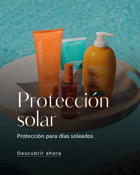 Tablett mit Sonnenschutzmitteln an einem Pool, das für den Sonnenschutz wirbt. Text: "Protección solar, Protección para días soleados, Descubrir ahora.