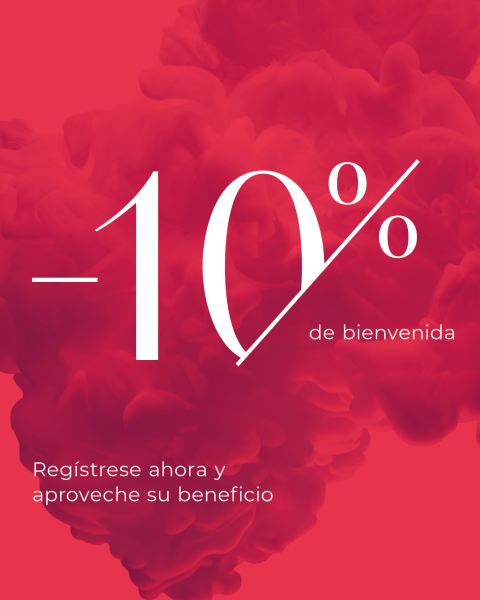Fondo rojo con texto blanco: "-10% de bienvenida. Regístrese ahora y aproveche su beneficio." Patrón de nubes detrás del texto.