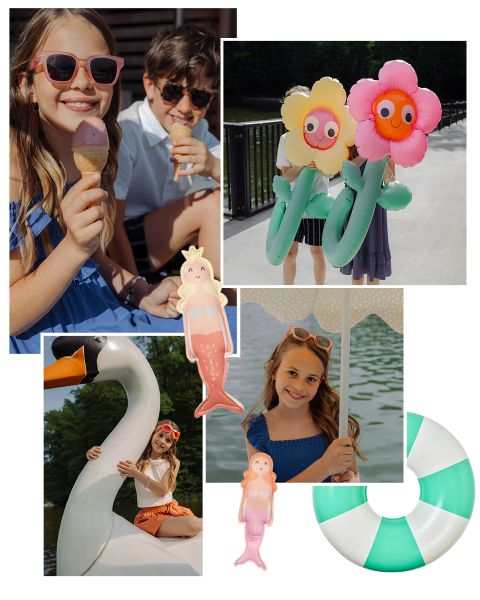Cuatro niños disfrutan del verano: Comen helado, sostienen flotadores de flores, montan en un cisne y posan con gafas de sol. Incluye flotadores de piscina y clipart de sirena.