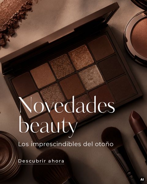 Paleta de sombras de ojos en tonos marrones y dorados, rodeada de brochas y pintalabios. El texto en español promociona los imprescindibles de belleza para el otoño.