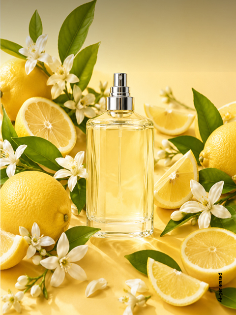 Frasco de perfume transparente, rodeado de limones frescos, rodajas de limón, hojas verdes y flores blancas sobre un fondo amarillo.