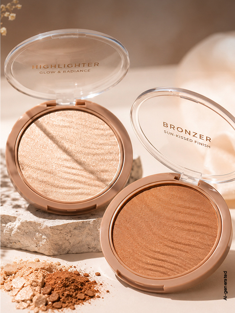 Dos estuches de maquillaje abiertos - uno con iluminador y otro con bronceador - se ven sobre una superficie de piedra, junto a ellos hay polvo suelto, todo bajo una luz suave.