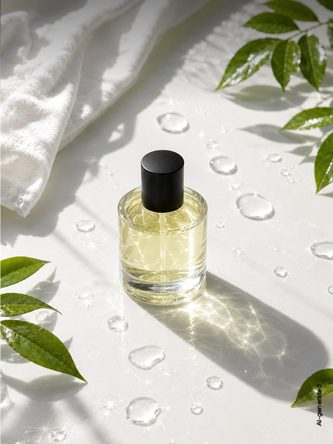 Sobre una superficie blanca hay un frasco de perfume transparente con tapa negra, rodeado de hojas verdes, gotas de agua y una toalla blanca.