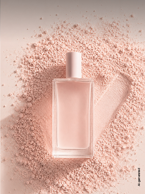 Sobre un polvo rosa claro hay un frasco de perfume rosa, junto al cual se ha dibujado un tic en el polvo.
