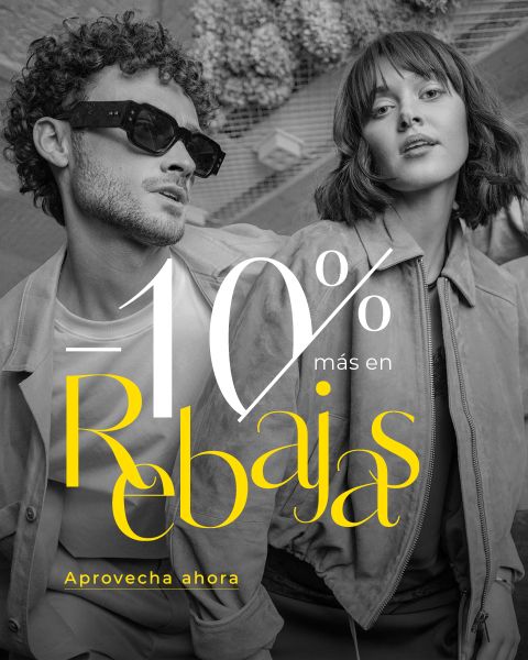 Un hombre y una mujer elegantemente vestidos con ropa de moda con superposición de texto: «-10% más en las rebajas. ¡Aprovecha ahora!»