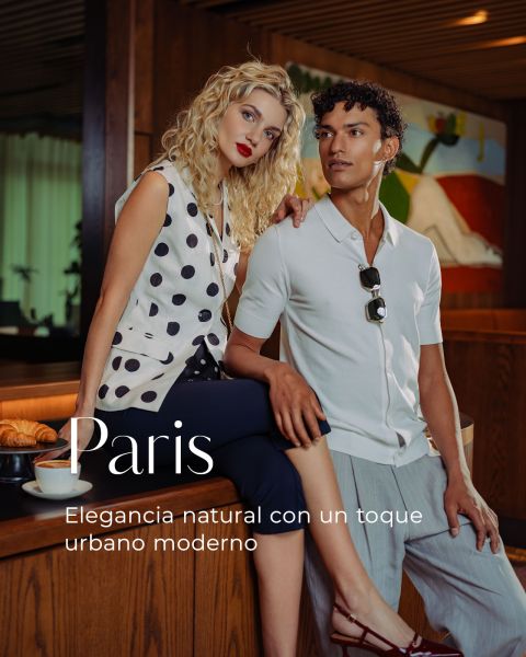 Una mujer elegante y un hombre posan en un café moderno. El texto dice: "Paris. Elegancia natural con un toque urbano moderno."