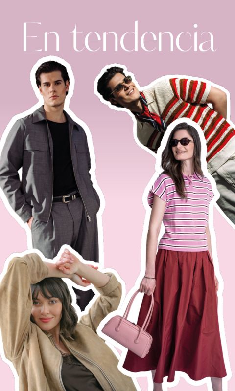 Cuatro personas con estilo en atuendos de moda posan frente a un fondo rosa con el texto en español "En tendencia" en la parte superior.