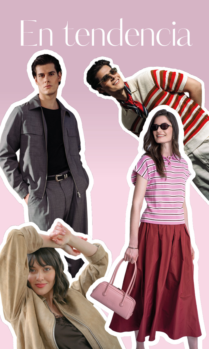 Cuatro personas con estilo en atuendos de moda posan frente a un fondo rosa con el texto en español "En tendencia" en la parte superior.