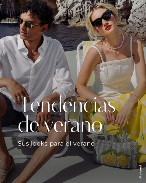 Un hombre y una mujer elegantemente vestidos con gafas de sol y atuendos de verano sentados al aire libre junto al agua; el texto dice: „Tendencias de verano. Tus looks para el verano.“