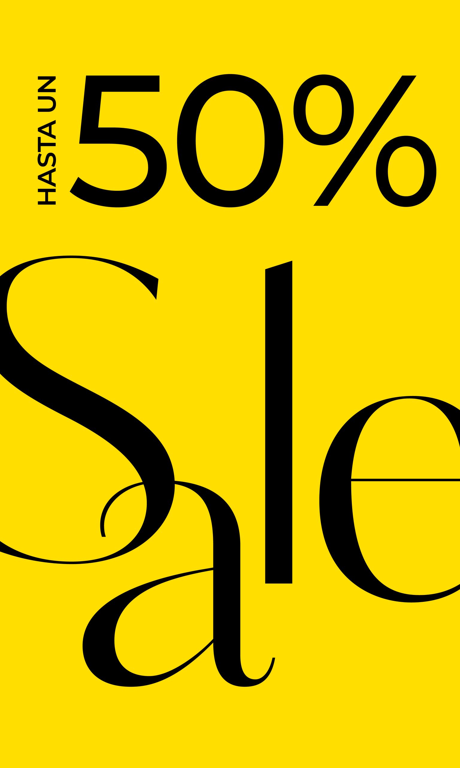 Fondo amarillo con letras grandes y negras: «Hasta 50% de descuento.»