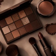 Sobre una superficie beige, hay una paleta de maquillaje con tonos marrones, un estuche de colorete, un pintalabios oscuro y pinceles.