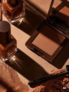 Esmalte de uñas marrón, bronceador en polvo compacto y una brocha de maquillaje, dispuestos sobre una superficie marrón con polvo bronceador esparcido, bajo una iluminación dramática.