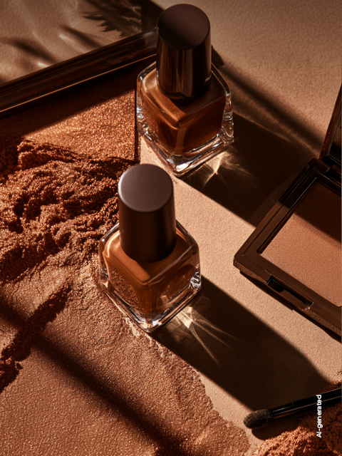 Dos frascos de esmalte de uñas marrón y una polvera abierta con bronceador sobre una superficie marrón texturizada, con sombras dramáticas.