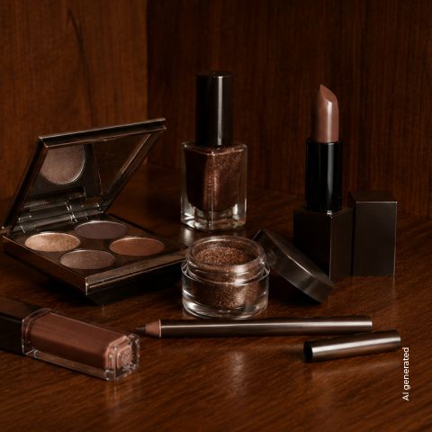 Varios productos de maquillaje en tonos marrones, incluyendo lápiz labial, sombra de ojos, esmalte de uñas, brillo labial y un delineador de ojos, exhibidos sobre una base de madera.