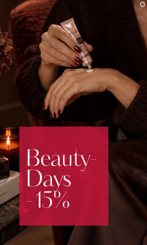 Una persona se aplica crema en la mano, encima está escrito en letras rojas: "Beauty-Days - 15 %". Al lado hay una vela encendida y un libro.