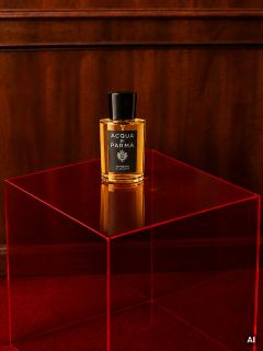 Sobre un pedestal rojo transparente, delante de un fondo de madera, se encuentra un frasco de perfume Acqua di Parma.