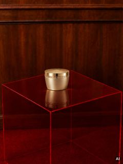 Un cuenco dorado con un patrón geométrico descansa sobre un pedestal rojo transparente frente a una pared con paneles de madera y una alfombra roja.