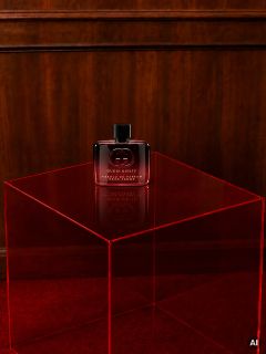 Un frasco de perfume Gucci Guilty se alza sobre un cubo rojo transparente frente a una pared de madera y una alfombra roja.