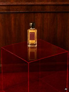 Sobre una mesa roja transparente, frente a una pared de madera y una alfombra roja, hay una botella de perfume Bel-Ami.