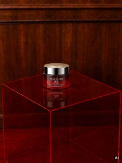 Un tarro color crema de la marca Lancaster 365 se encuentra sobre un cubo rojo transparente, frente a un fondo de paredes de madera.