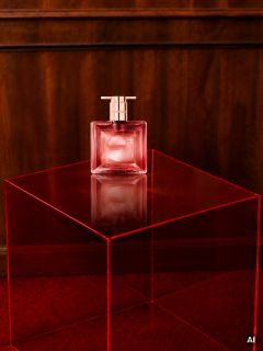 Sobre una mesa de dados roja translúcida, frente a un fondo con paneles de madera, hay un frasco de perfume rosa.