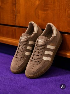 Un par de zapatillas Adidas marrones con rayas blancas y detalles beige, de pie sobre una alfombra morada frente a un armario de madera.