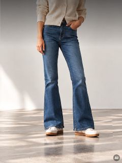 Una persona con vaqueros acampanados azules de talle alto y zapatillas blancas.