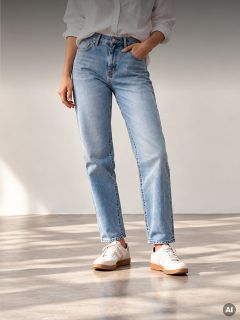 Una persona con una camisa blanca, jeans celestes y zapatillas blancas.
