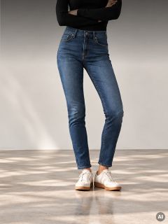 Una persona con vaqueros ajustados de color azul oscuro y zapatillas blancas.