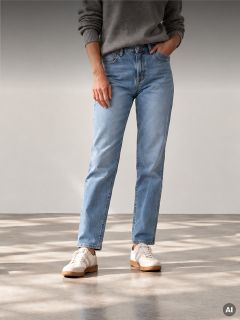 Una persona con un suéter gris, jeans rectos de color azul claro y zapatillas blancas.