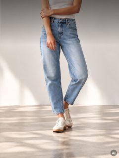 Una persona con vaqueros azul claro de talle alto y zapatillas blancas.