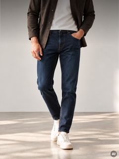 Una persona que lleva una camisa marrón con botones, una camiseta blanca, vaqueros azul oscuro y zapatillas blancas.