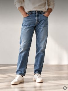 Una persona con un suéter color crema, jeans azules y zapatillas blancas.