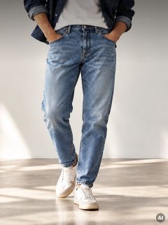Una persona con una chaqueta vaquera, una camiseta blanca, vaqueros azules y zapatillas blancas, con las manos en los bolsillos.