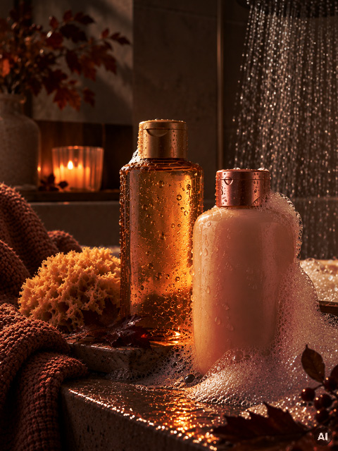Dos botellas de baño de burbujas cubiertas de burbujas se encuentran en una superficie de piedra bajo una ducha que funciona, junto a ellas hay una esponja natural y una vela encendida.